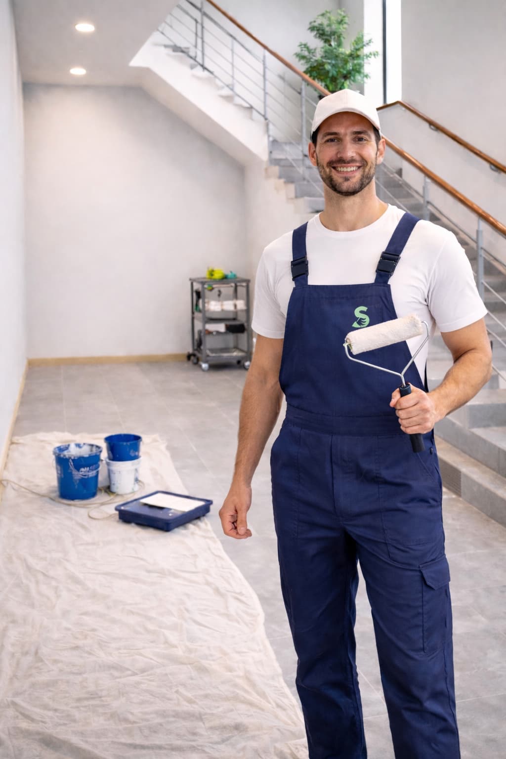 Professional painter and decorator working on a stairwell