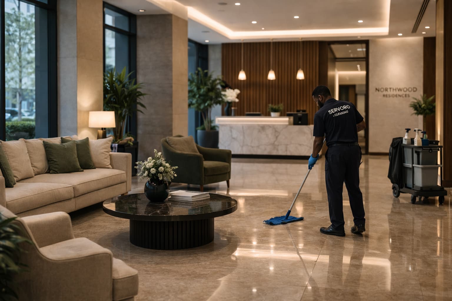 Professional floor cleaning in a modern residential building lobby